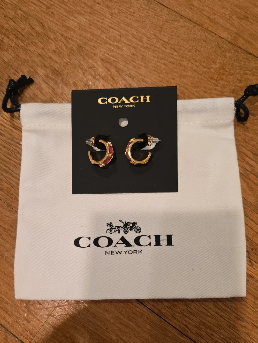 COACH Pink Enamel and Gold Tone Accent Hoop Earrings & Dustbag - Picture 4 of 4
